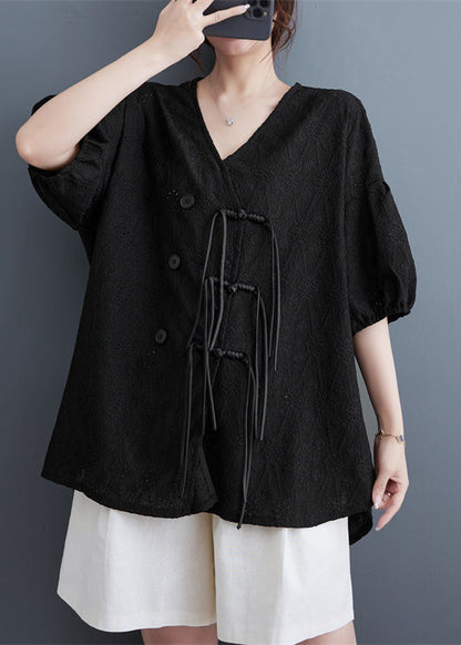 Black Low High Design Button Lace Top Short Sleeve