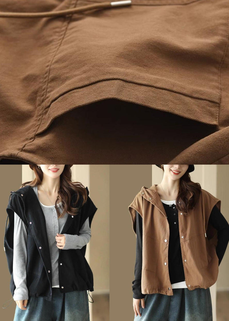 Loose Coffee Button Drawstring Cotton Waistcoat Sleeveless