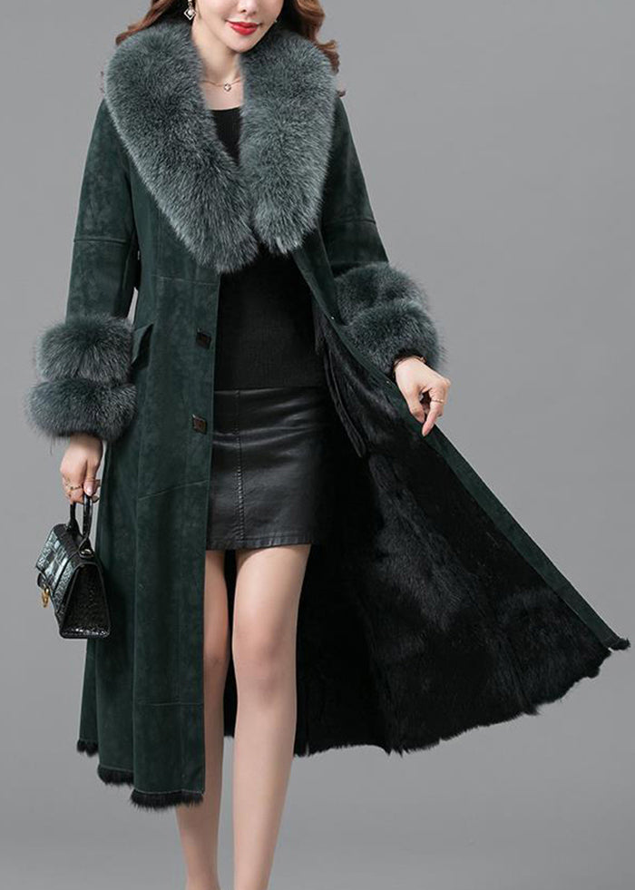 Blackish Green Slim Fit Faux Rabbit Leather and Fur Coats Winter