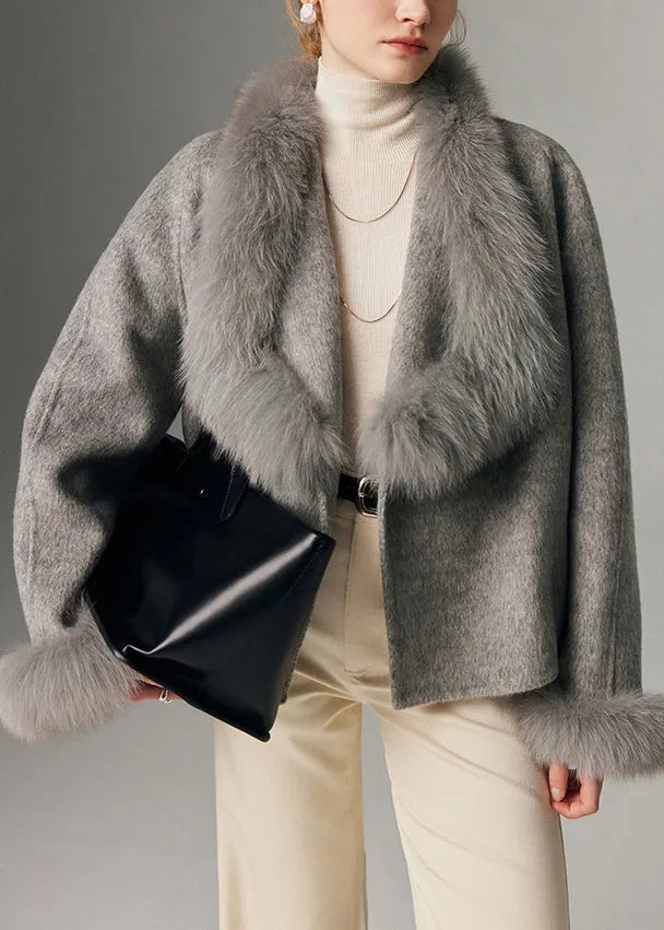Grey Oversized Patchwork Fox Fur Wool Cardigan Winter