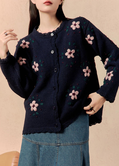 Loose Navy Button Cozy Knit Coats Winter