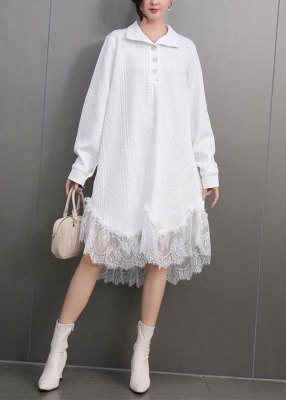 White Peter Pan Collar Lace Patchwork Long Dress Fall