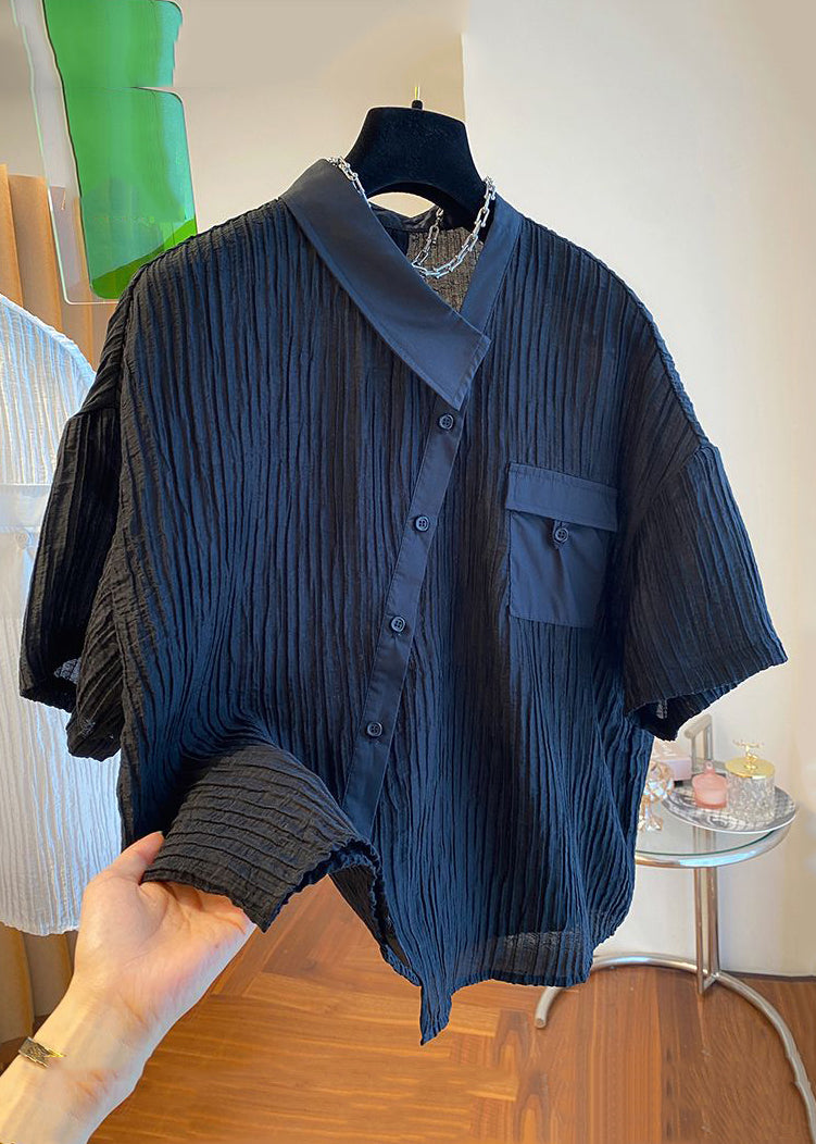 Black Button Pockets Cotton Shirt Asymmetrical Short Sleeve