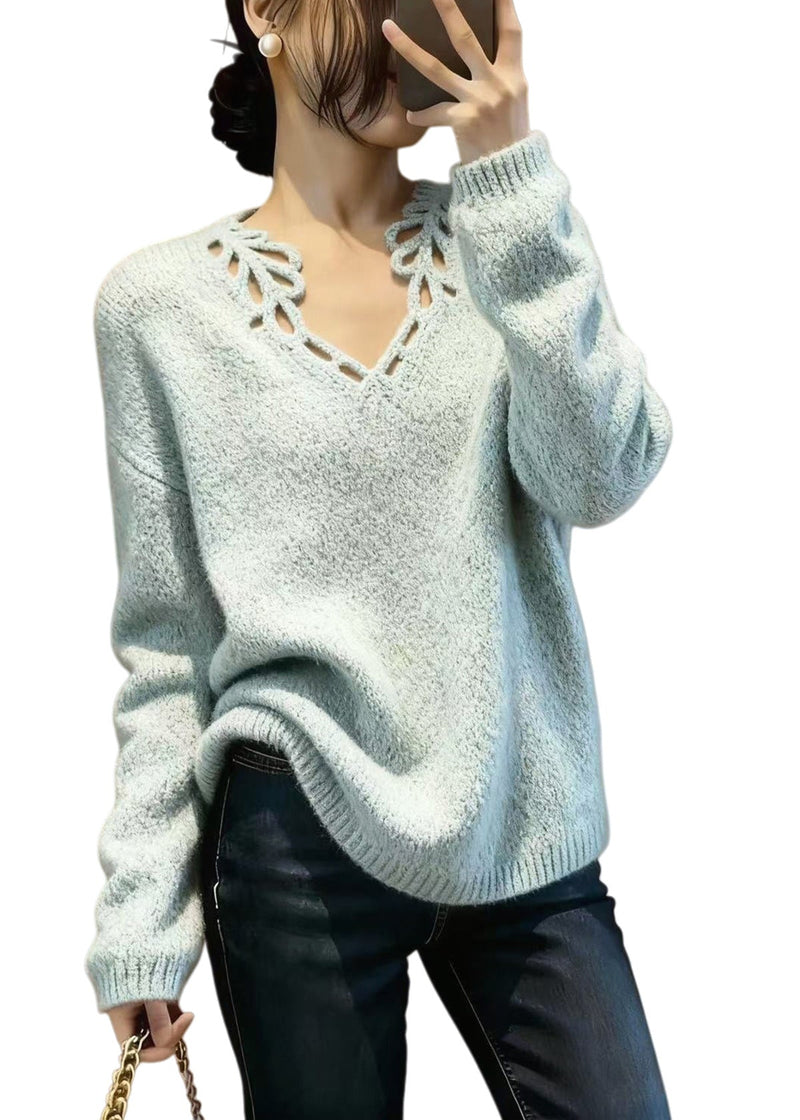 Fine Sky Blue V Neck Hollow Out Knit Pullover Winter
