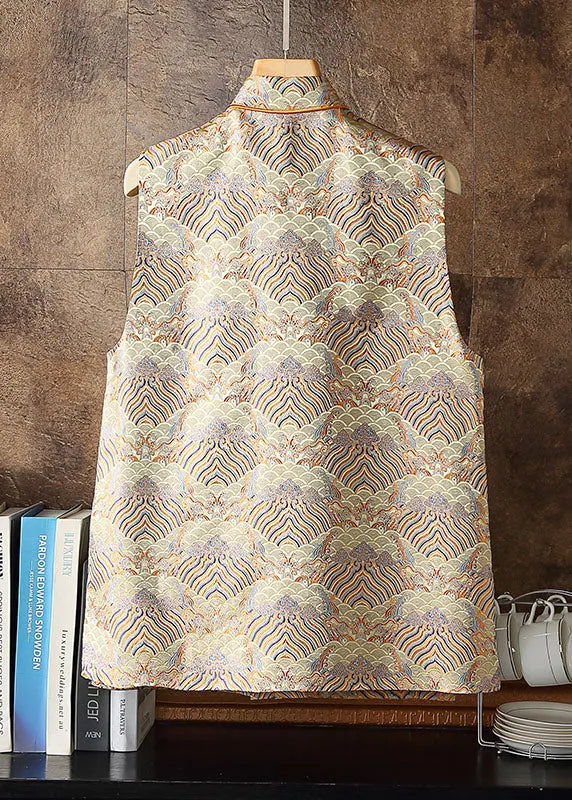 Yellow Stand Collar Embroideried Side Open Silk Vest Sleeveless