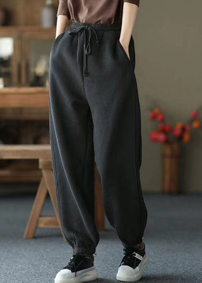 Black Pockets Elastic Waist Warm Fleece Pants Spring