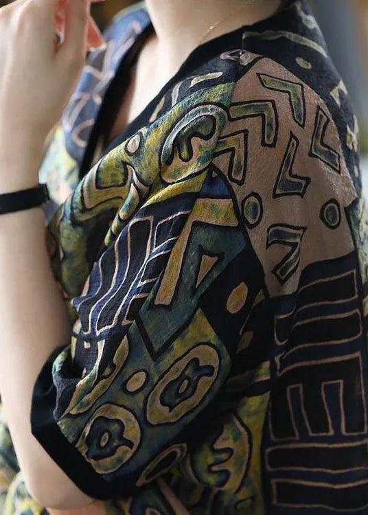 Green V Neck Geometric Print Linen Tanks Short Sleeve