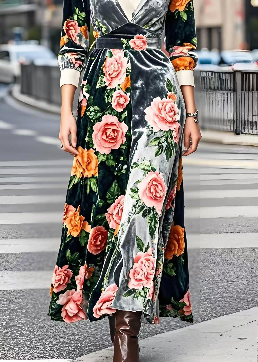 Silm Fit V Neck Patchwork Silk Velour Robe Dresses Spring