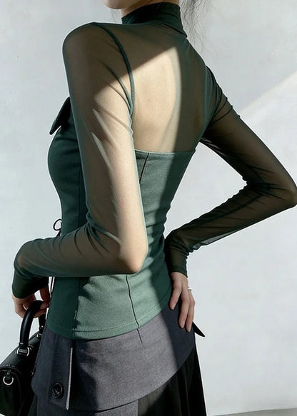 Blackish Green Cross Strap Patchwork Tulle Blouse Tops Spring
