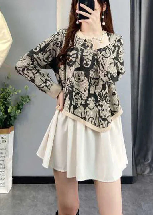 Chocolate Asymmetrical Design Patchwork Print Fall Knit Sweaters