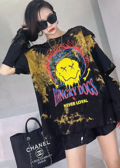 Black Print Patchwork Tie Dye Sequins Fall Sweatshirt