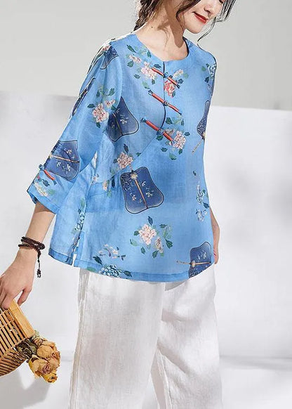 Natural Blue Print Oriental Summer Ramie Shirt