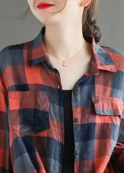 Red Pockets Peter Pan Collar Plaid Button Shirt Long Sleeve