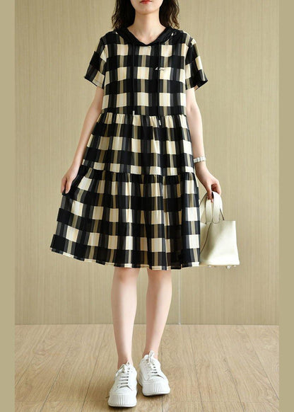 Black Plaid Hooded Patchwork Summer Cotton Dresses