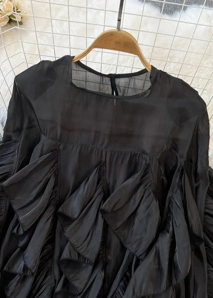 Black O-neck Ruffled Patchwork Button Silk Top Long Sleeve Spring
