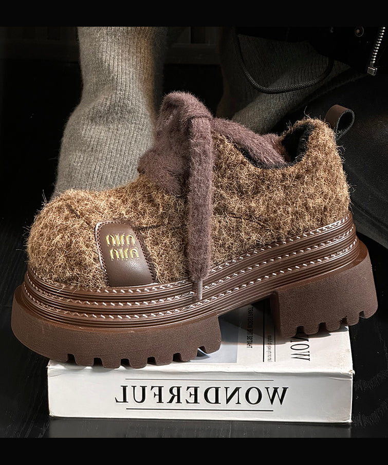 Blue Lace Up Chunky Sheepskin Splicing Loafers