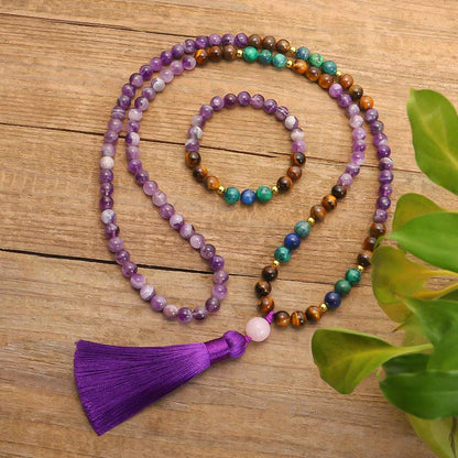 Tibetan Amethyst Purify Bracelet Set With Tiger Eye & Lazurite