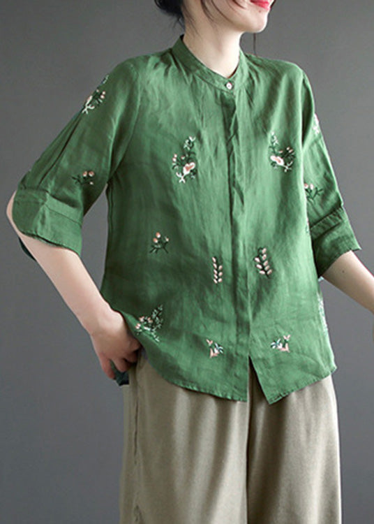 Art Khaki Embroideried Button Ramie Shirt Half Sleeve