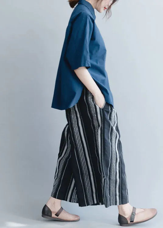 Organic Navy Cinched Cotton Blouses Half Sleeve