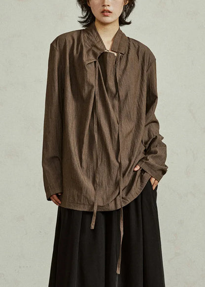 Coffee Stand Collar Lace Up Cotton Blouse Fall