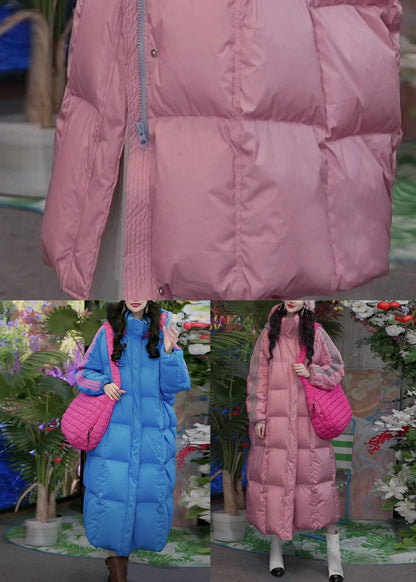 Blue Striped Pockets Duck Down Winter Puffer Long Coat Hooded