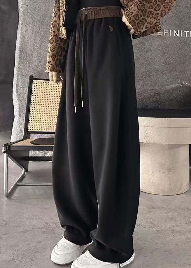 Apricot Elastic Waist Warm Fleece Wide Leg Pants Winter