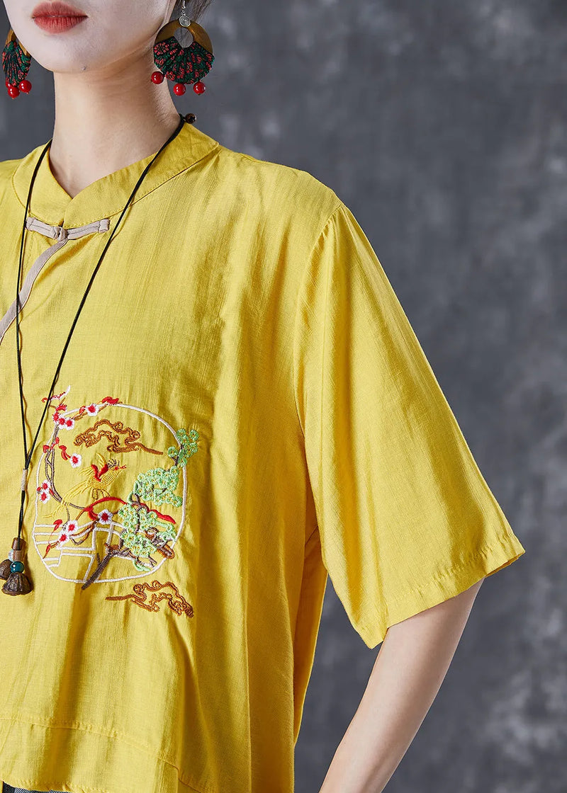 Yellow Asymmetrical Linen Tops Embroideried Chinese Button Summer