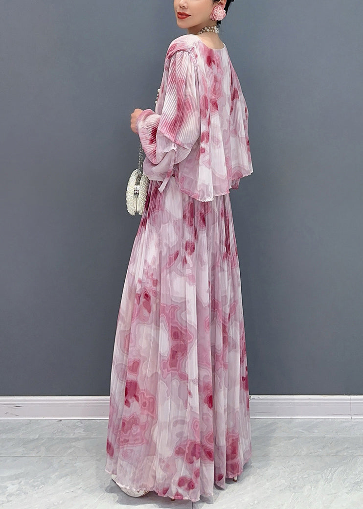 Red O-neck Chiffon Shirts and Maxi Skirts Two Pieces Set Fall