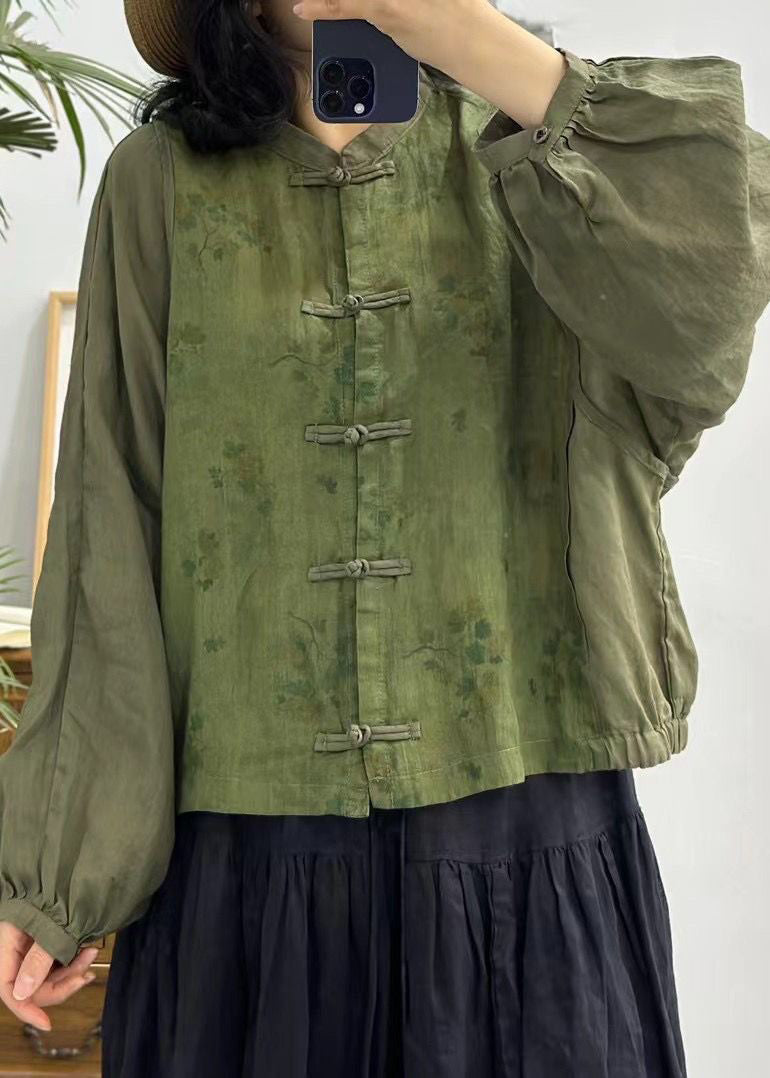 Red Button Print Patchwork Linen Shirts Long Sleeve