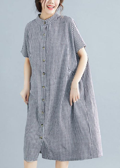 Black White Plaid Cotton Pockets Summer Dress