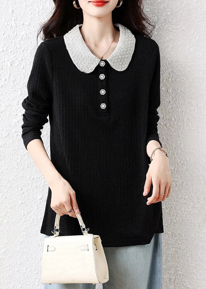 Handmade Black Peter Pan Collar Nail Bead Cotton Blouses Fall