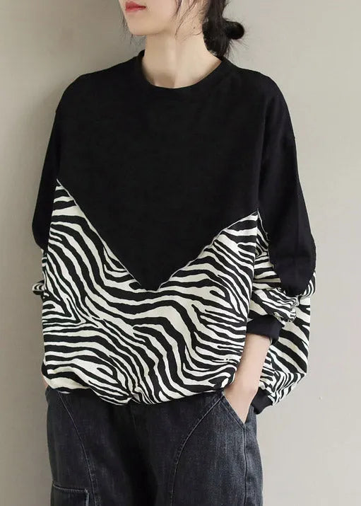 Black O-neck Patchwork Pullover Sweatshirt Long Sleeve