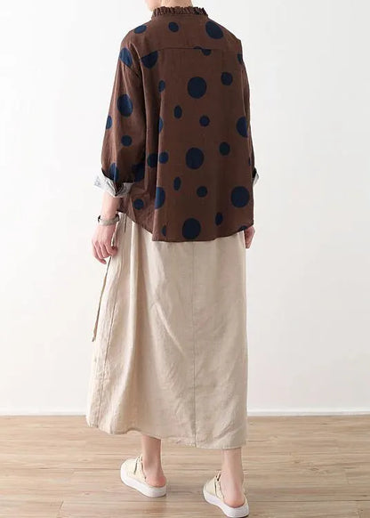 Spring Chocolate Dot Contrast Linen Blouse