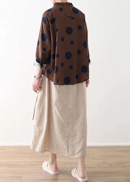 Spring Chocolate Dot Contrast Linen Blouse