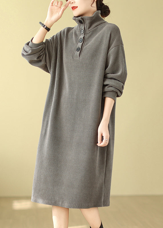 Grey Button Simple Corduroy Mid Dress Hign Neck Fall