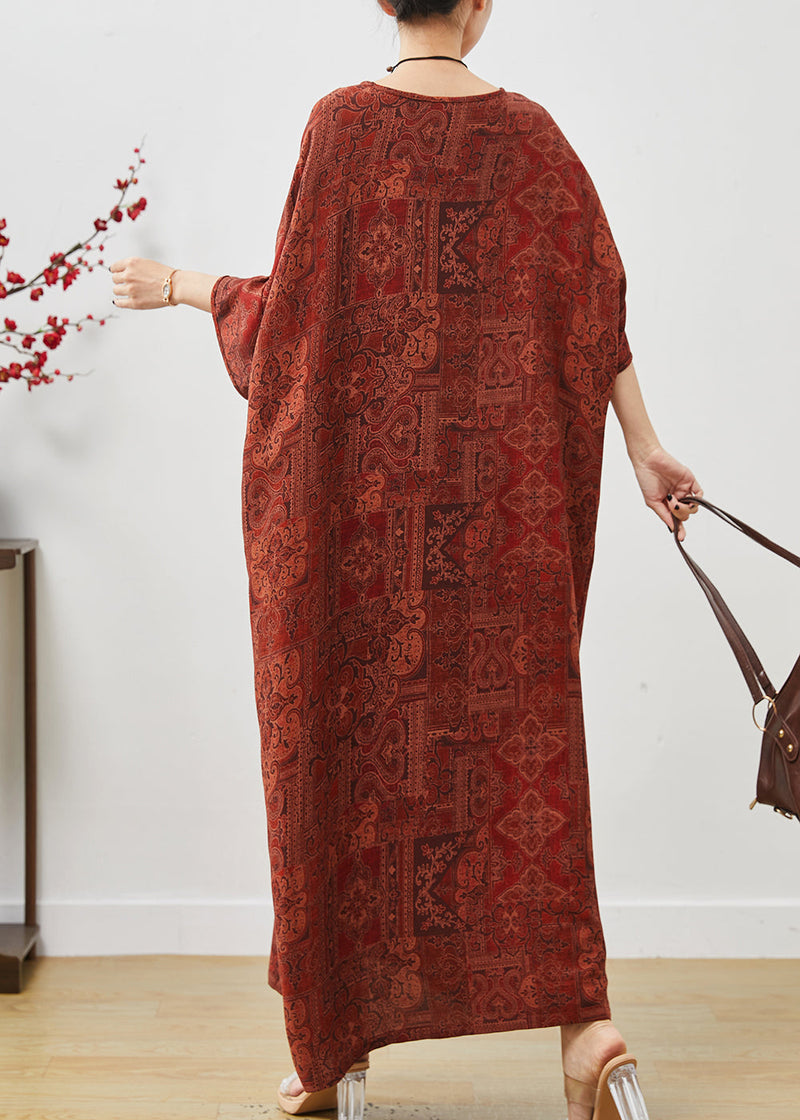 French Orange Oversized Print Cotton Ankle Dress Batwing Sleeve Summer