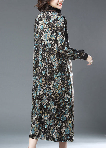 Blue Turtleneck Print Patchwork Warm Fleece Long Dresses Fall