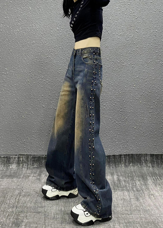 Blue Pockets Rivet High Waist Denim Wide Leg Pants Fall