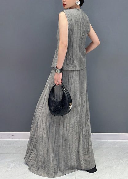 Boutique Grey V Neck Waistcoat and Skirts Two Pieces Set Sleeveless Summer
