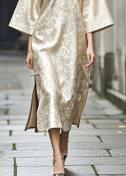 Boutique Champagne Print Silk Oriental Dress Cheongsam Spring