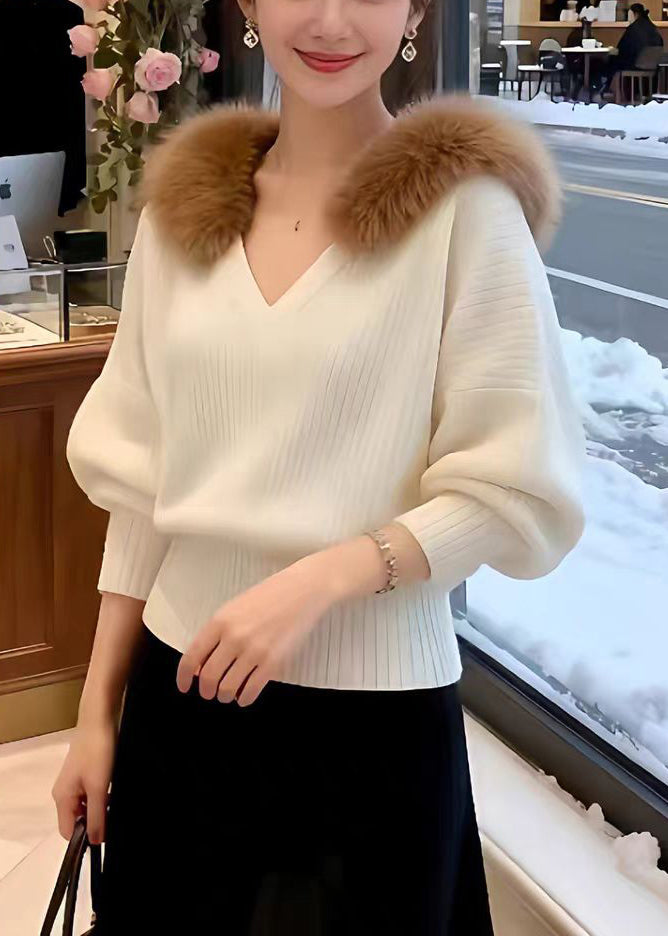 Slim Fit Beige Fur Collar Knit Sweater Tops Spring