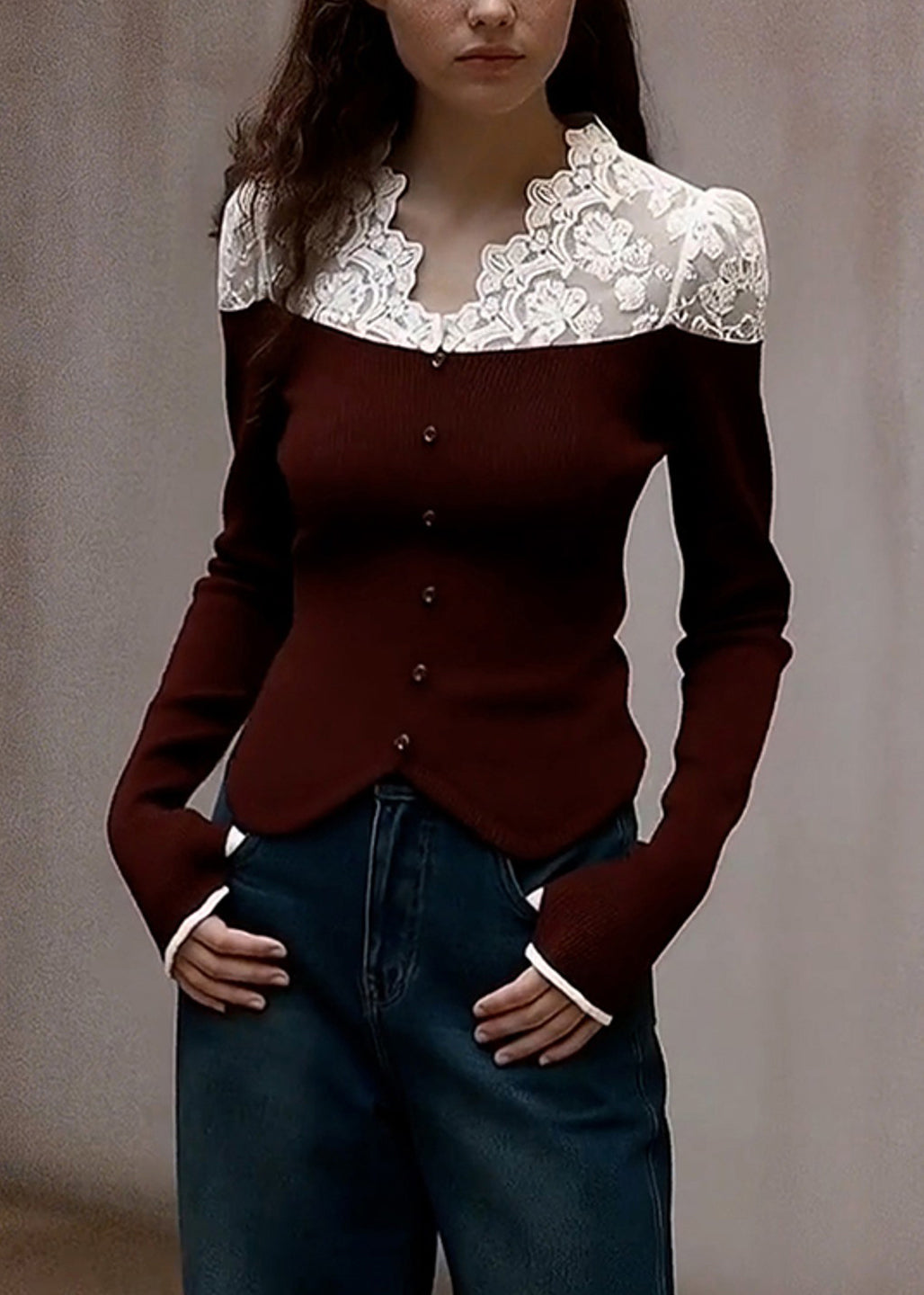 Style Brown V Neck Patchwork Lace Knit Shirts Spring