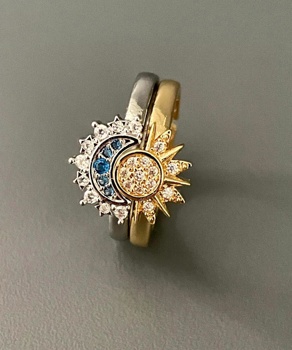 Alloy Zircon Sun and Moon Open Rings Two-piece Set