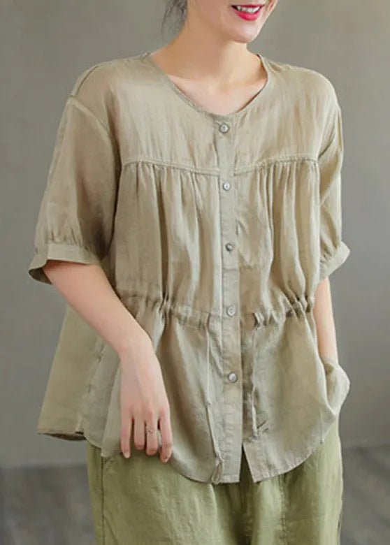Boutique Orange O-neck Drawstring Button Linen Short Sleeve