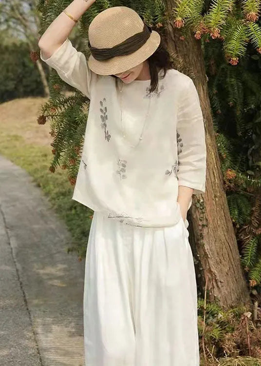 Handmade White O-neck Print Linen Tops Three Quarter Sleeve