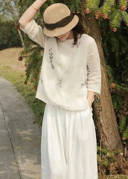 Handmade White O-neck Print Linen Tops Three Quarter Sleeve