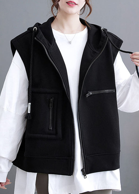 Black Patchwork Pockets Hoodie Waistcoat Fall