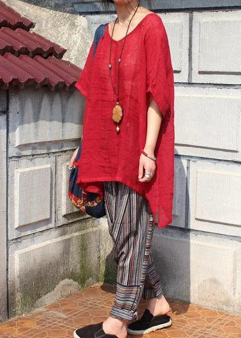 Classy Red U Neck Linen Summer Blouses