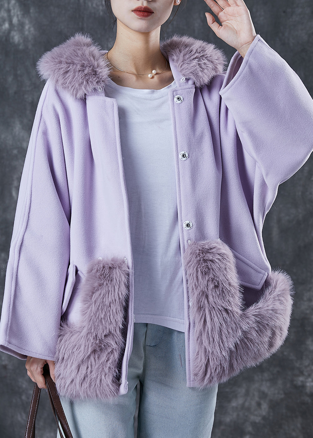 Stylish Purple Hooded Patchwork Woolen Jackets Spring