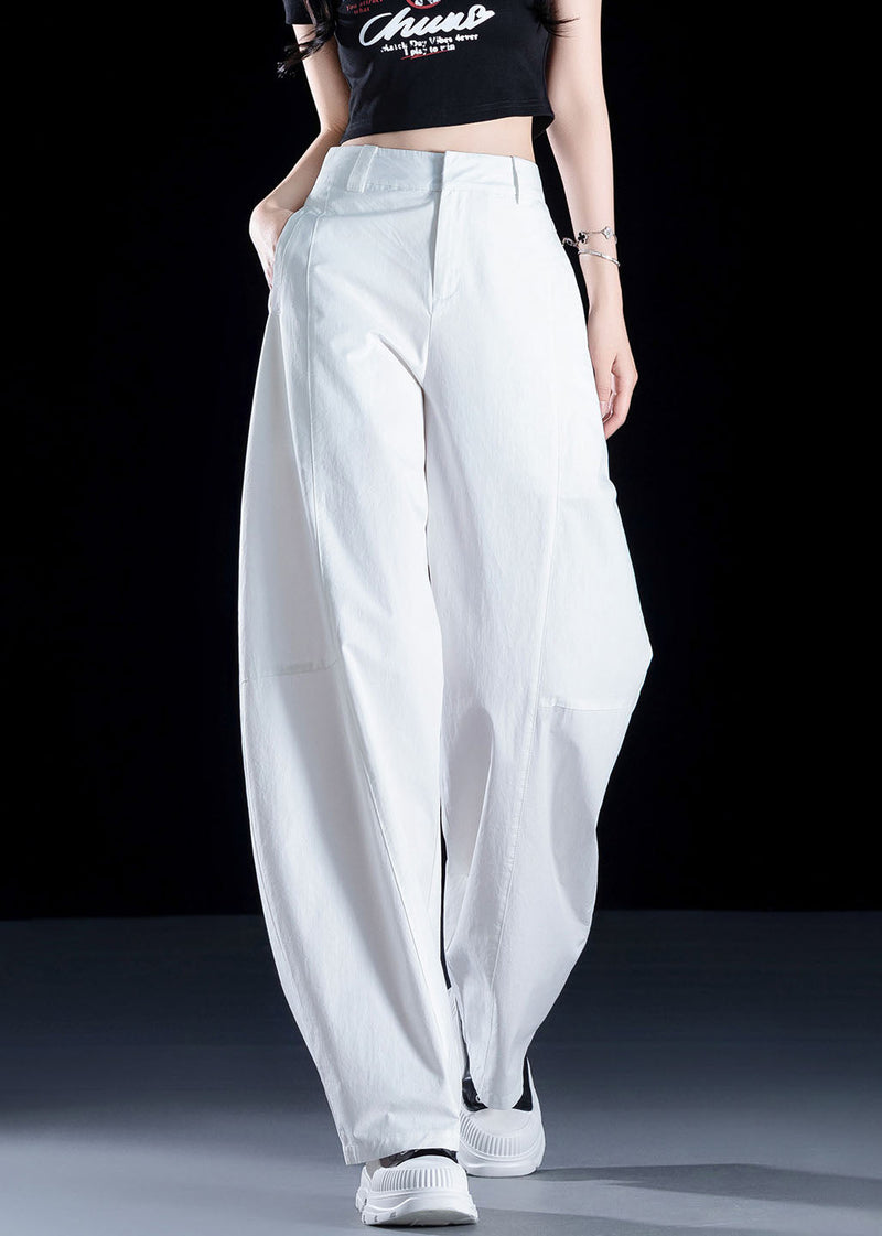 New White Pockets High Waist Cotton Pants Fall